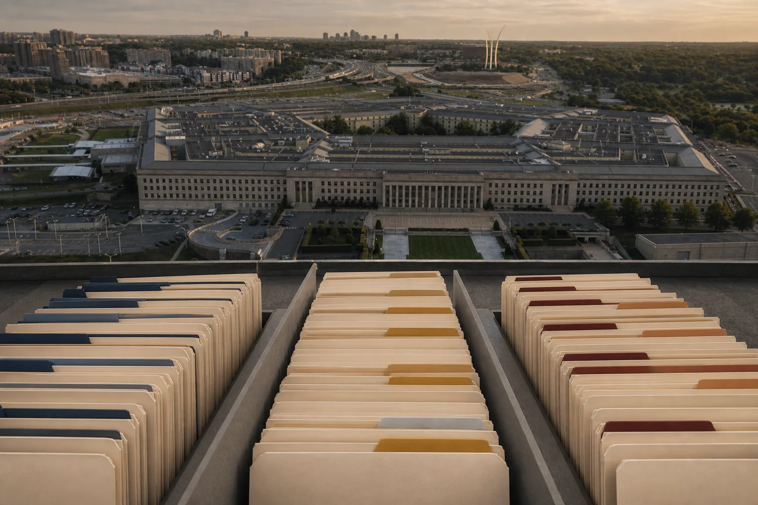 The Pentagon behind three divided rows of blank budget folders representing U.S. Department of Defense account restrictions