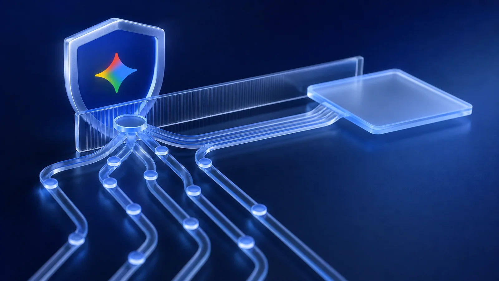 Gemini code-analysis paths converge behind a translucent security boundary into one defensive report