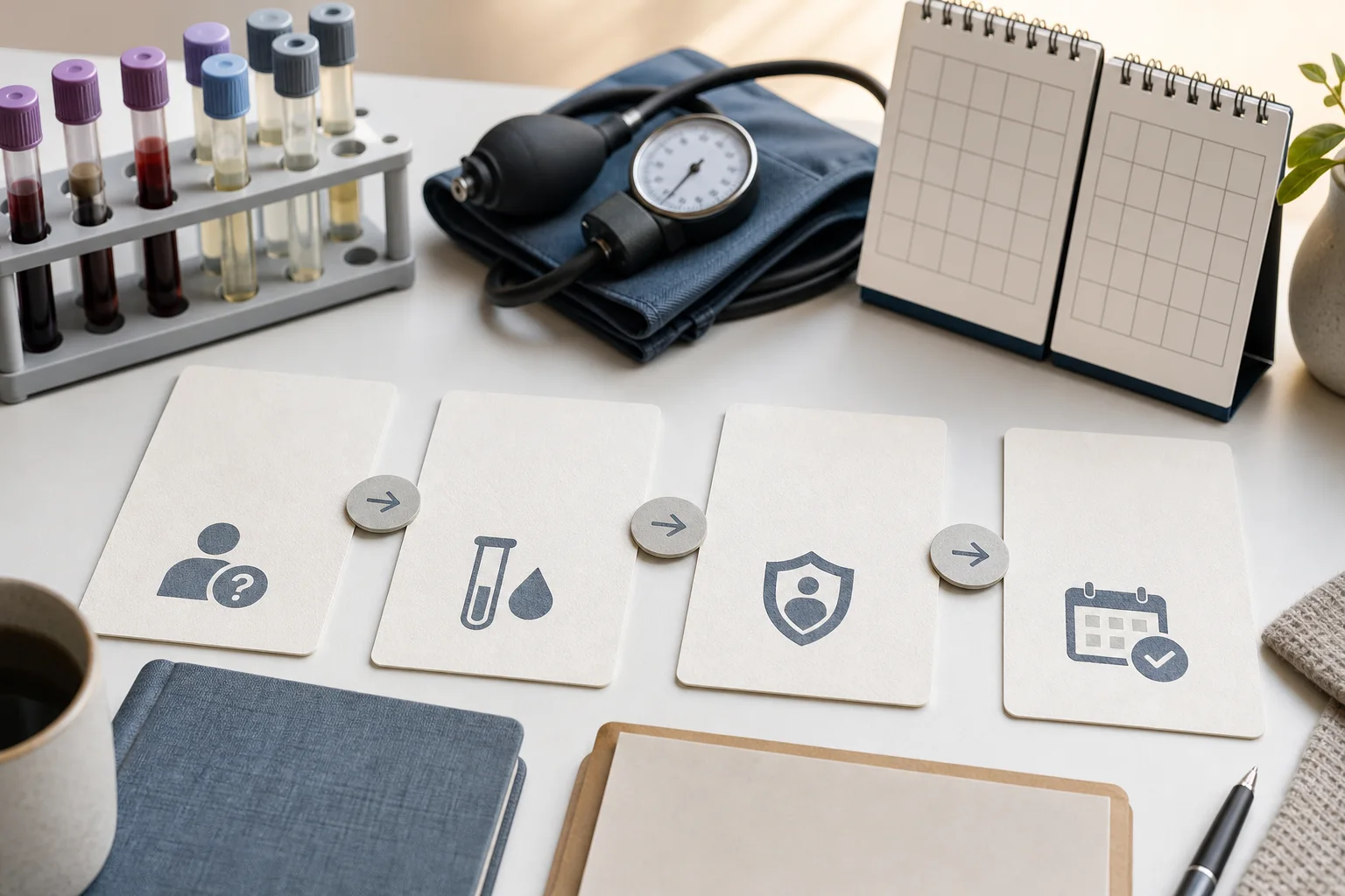 A patient checklist, morning lab vial and blood pressure cuff arranged as a careful testosterone therapy decision path