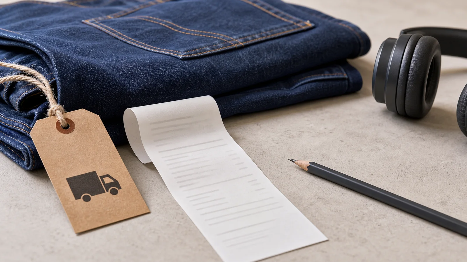 Receipt, shipping tag and school clothing arranged to show a tax holiday checkout check