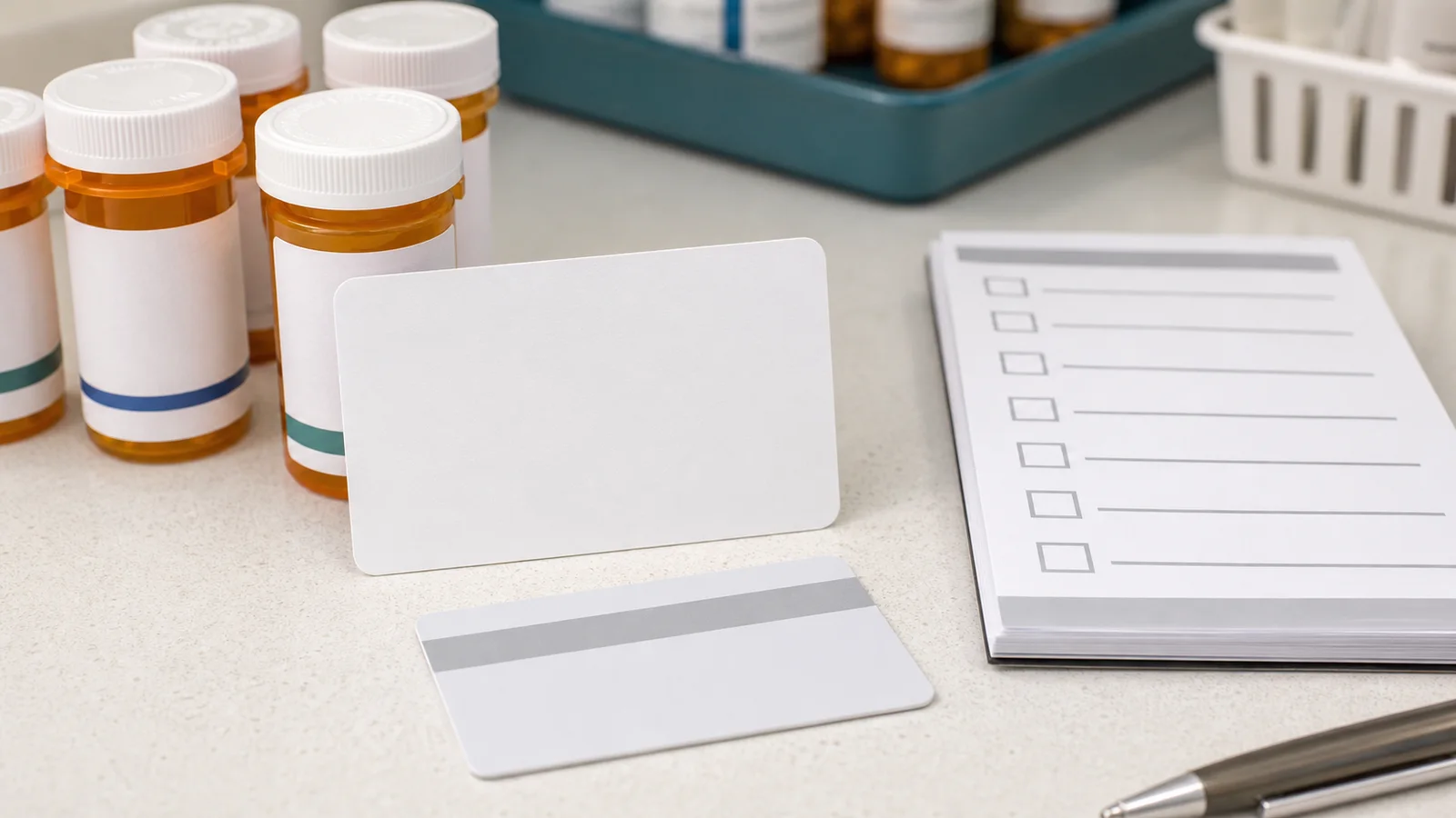 A close pharmacy work surface comparing a refill date, an insurance card and several unlabeled medicine bottles