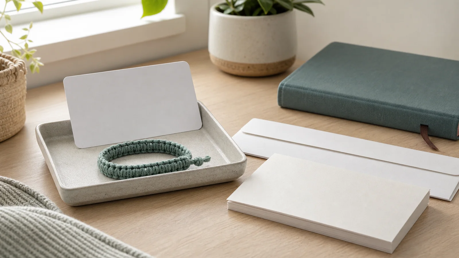 Blank verification card, child bracelet and contribution envelopes arranged as an account checklist.