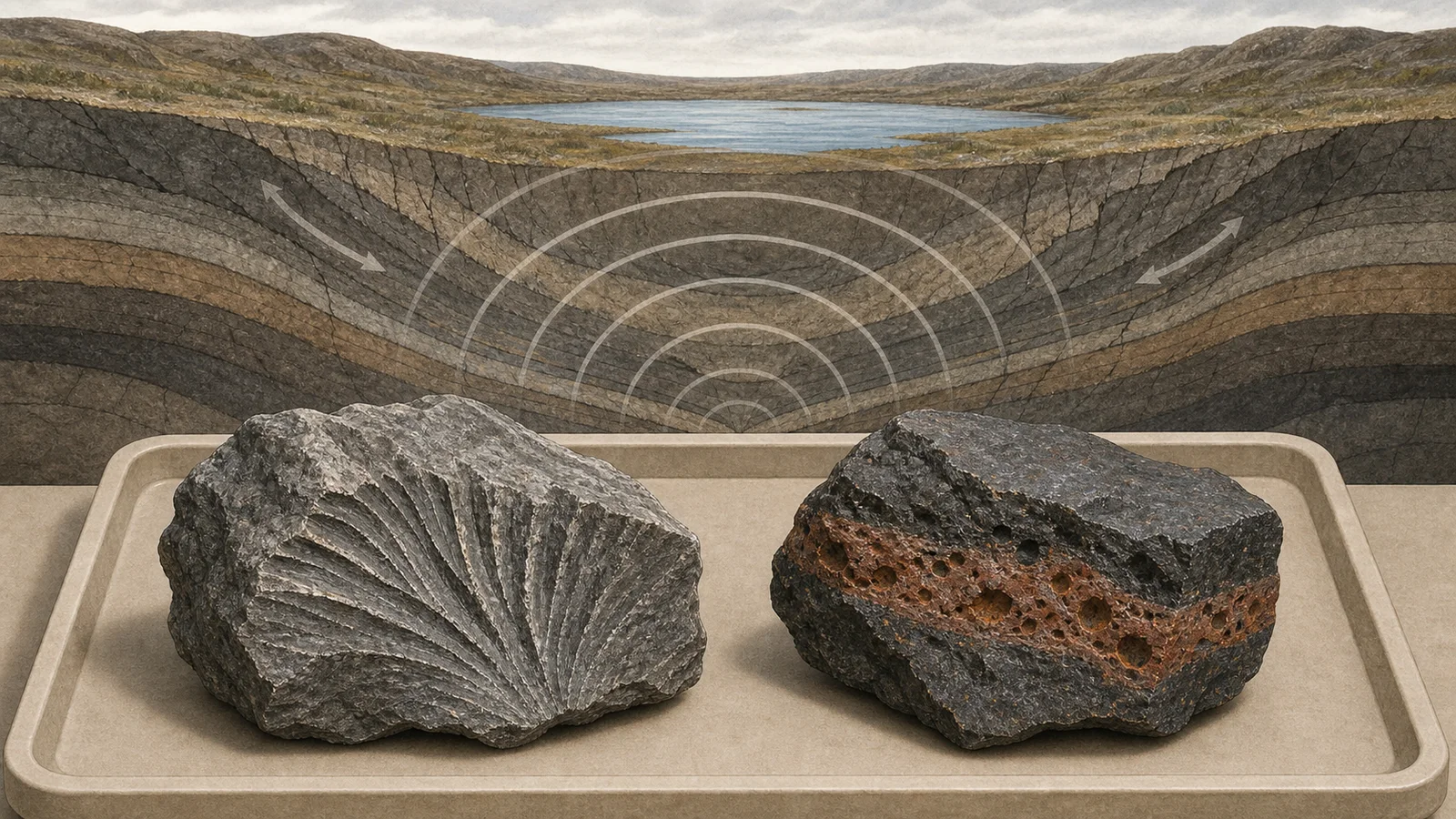 Diagram of two rock samples showing shatter-cone fractures and impact-melt layers.
