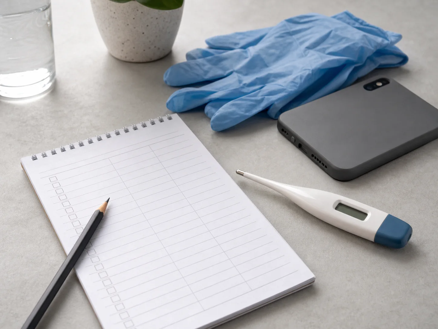 A thermometer, blank symptom log, pencil, gloves and phone arranged for daily health monitoring after travel