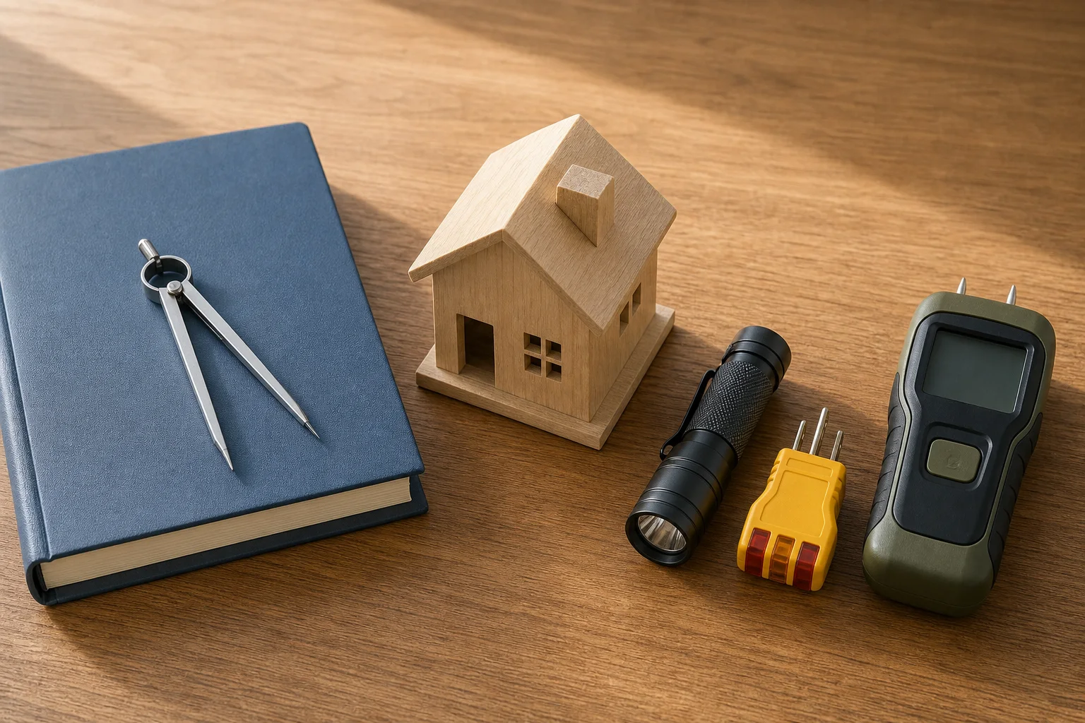 A small wooden house model between a blank valuation folder and separate home-inspection tools