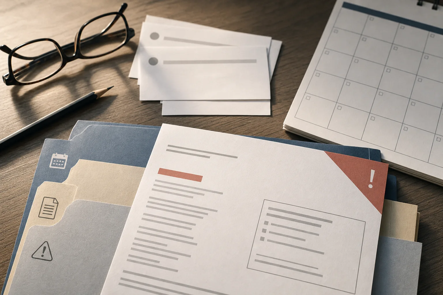 A generic penalty notice sits beside filing folders, confirmation slips and a calendar for a notice review checklist.