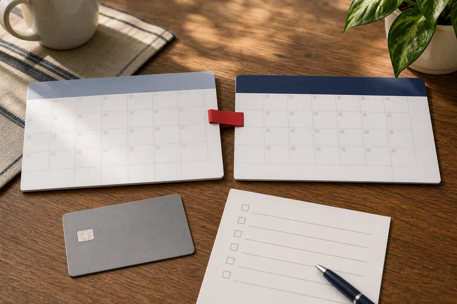 Two blank calendar cards and a checklist arranged to show a late-month payment timing shift.
