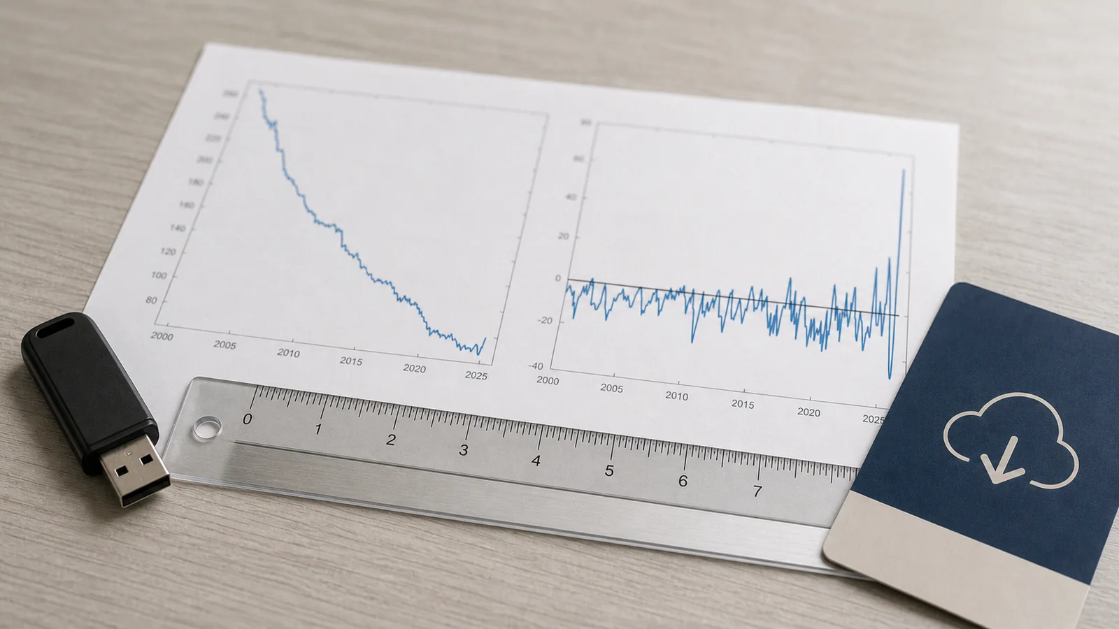 A source-grounded software inflation chart beside a USB drive, a subscription card and a clear measurement ruler