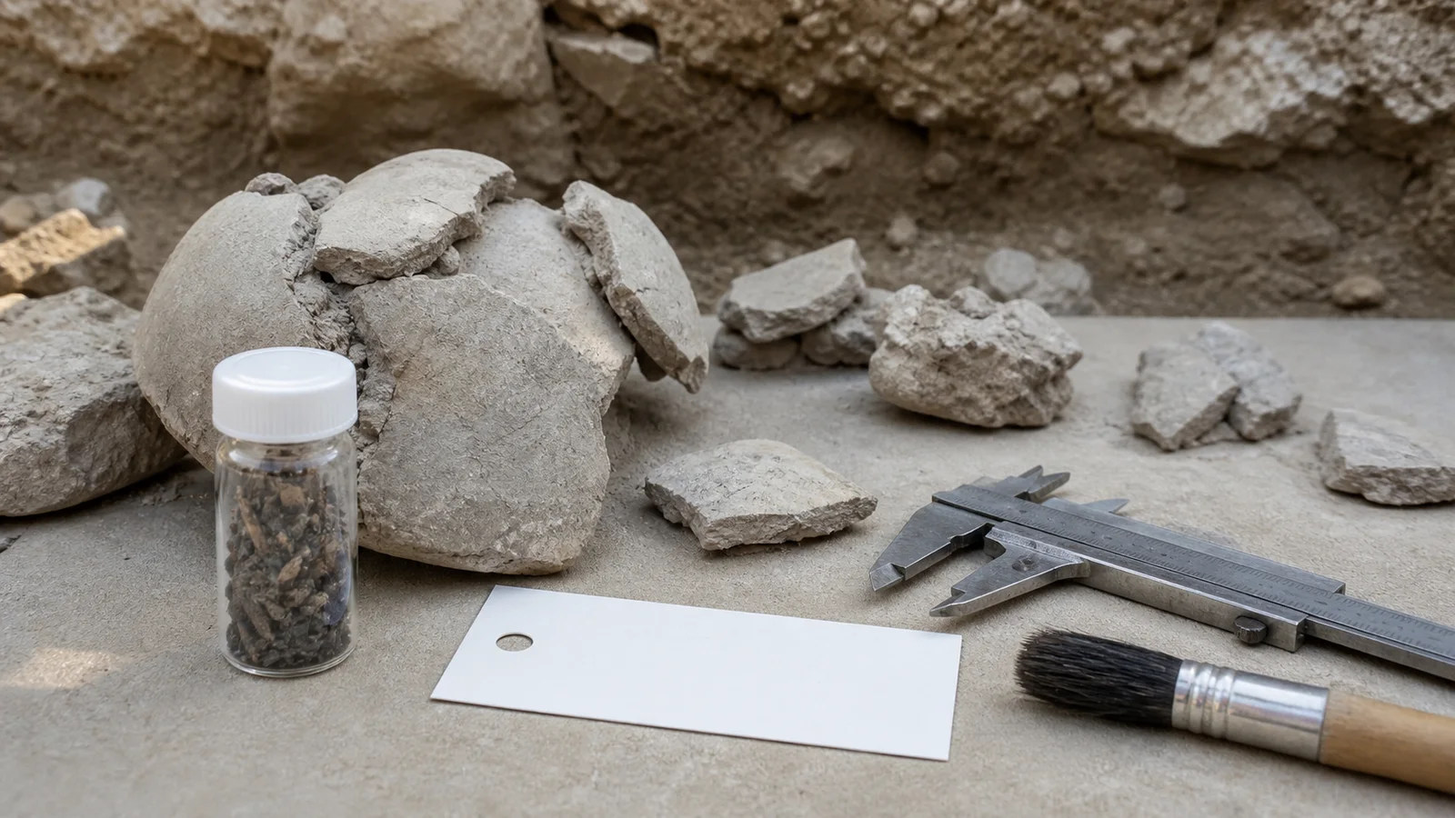 Tel Shiloh pottery fragments, a sample vial, calipers and a field brush arranged for archaeological evidence review