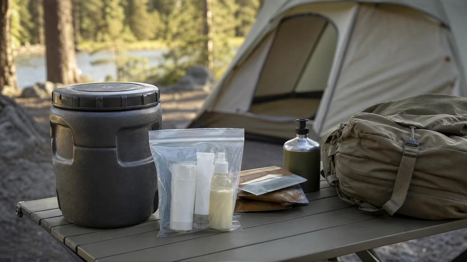A closed bear-resistant canister and sealed scent-item pouches arranged on a campsite table away from a tent.