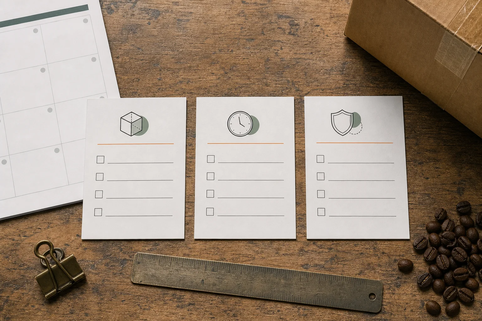 Three blank checklist cards arranged with a calendar edge, shipping carton, ruler and coffee beans on a trade-office desk