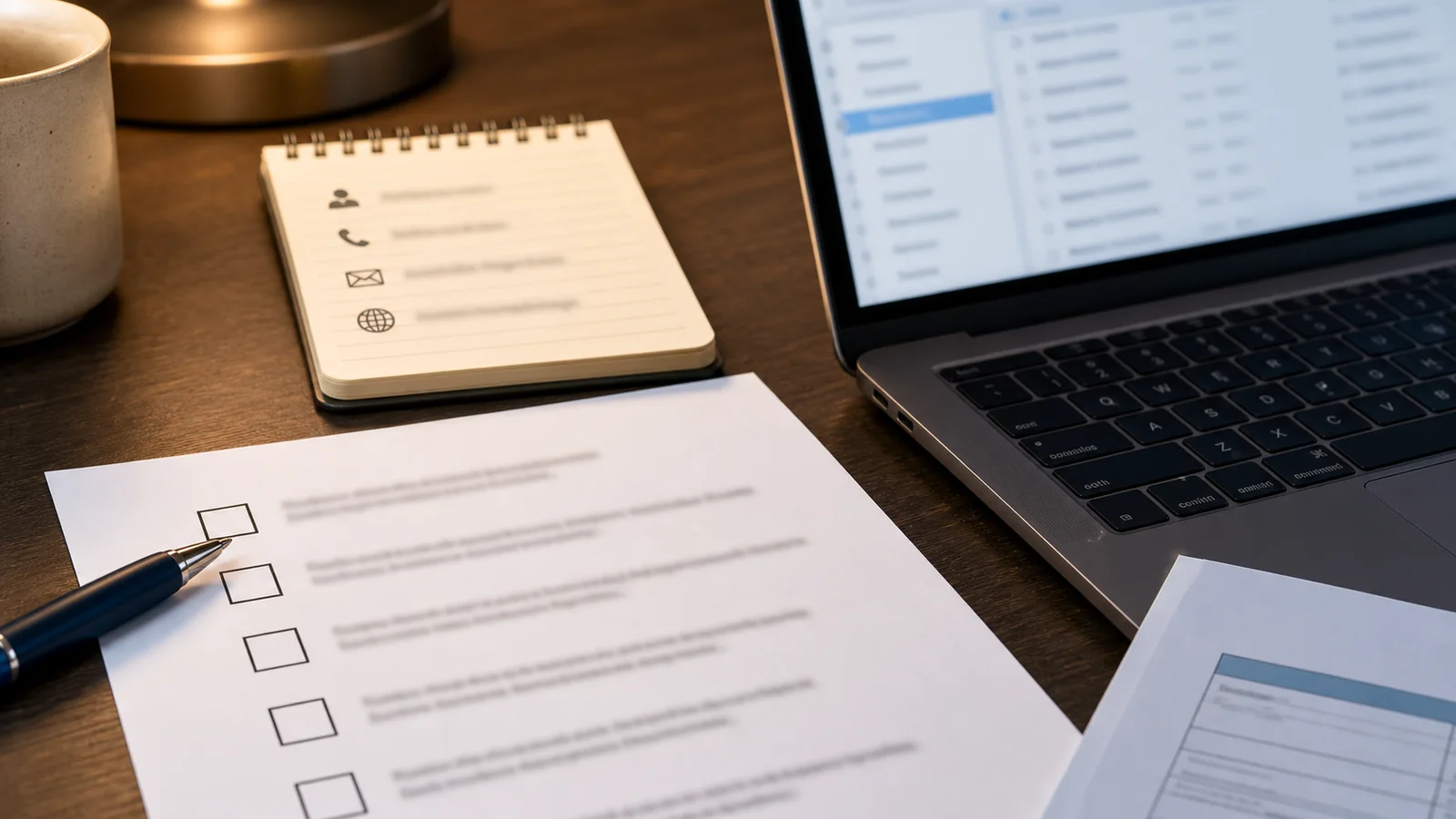 A printed checklist beside a laptop inbox and tax worksheet with no readable personal information
