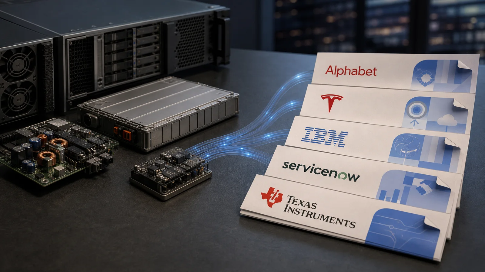 Five branded earnings reports beside a server rack, power electronics and a vehicle battery component