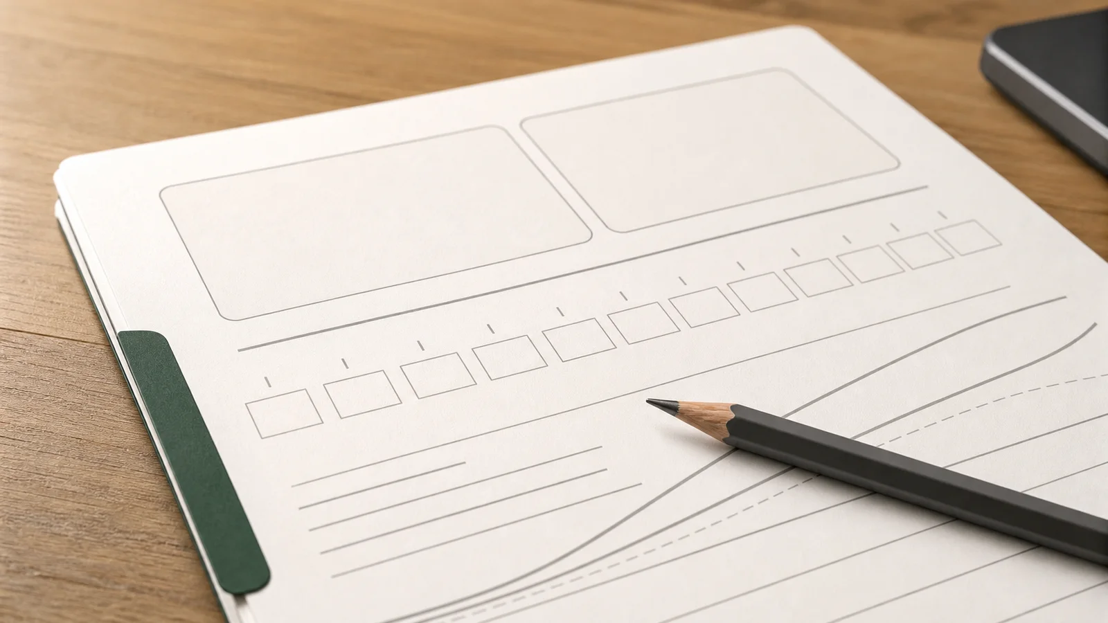 Break-even worksheet with blank month boxes, pencil, and calculator on a table