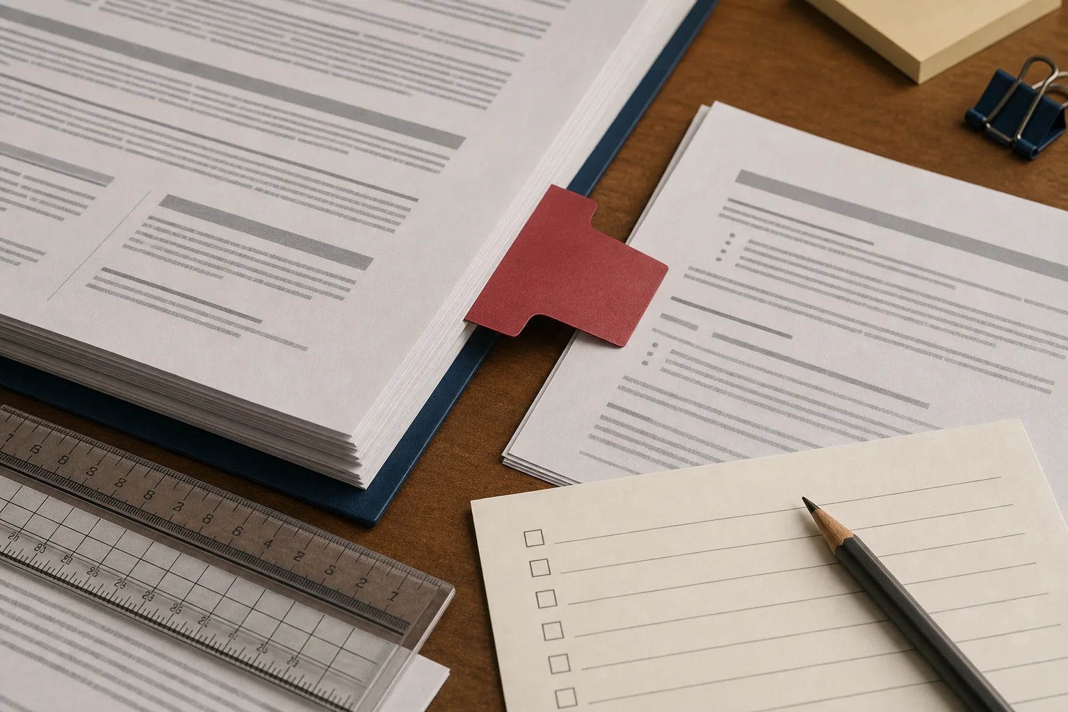 A blank checklist and ruler sit over budget pages while a red review tab separates part of the stack.
