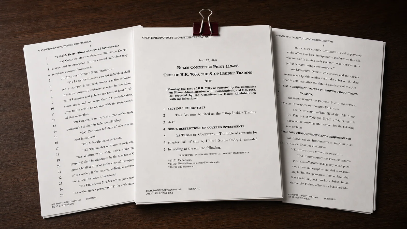 H.R. 7008 pages showing the stock-sale notice provision and the attached voter-identification section in one packet.
