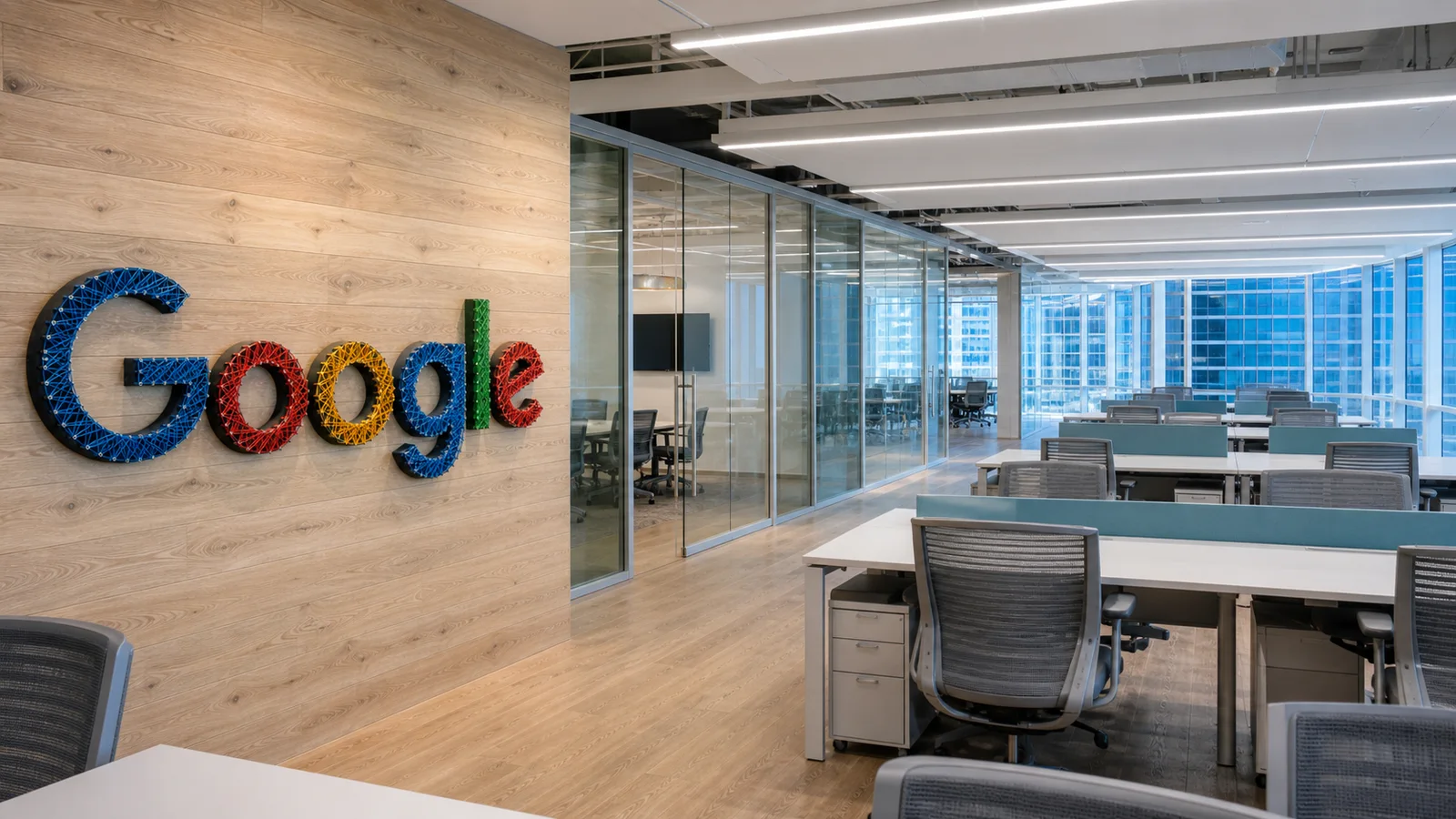 Google wall art beside shared desks and glass meeting rooms in a transformed Miami office view