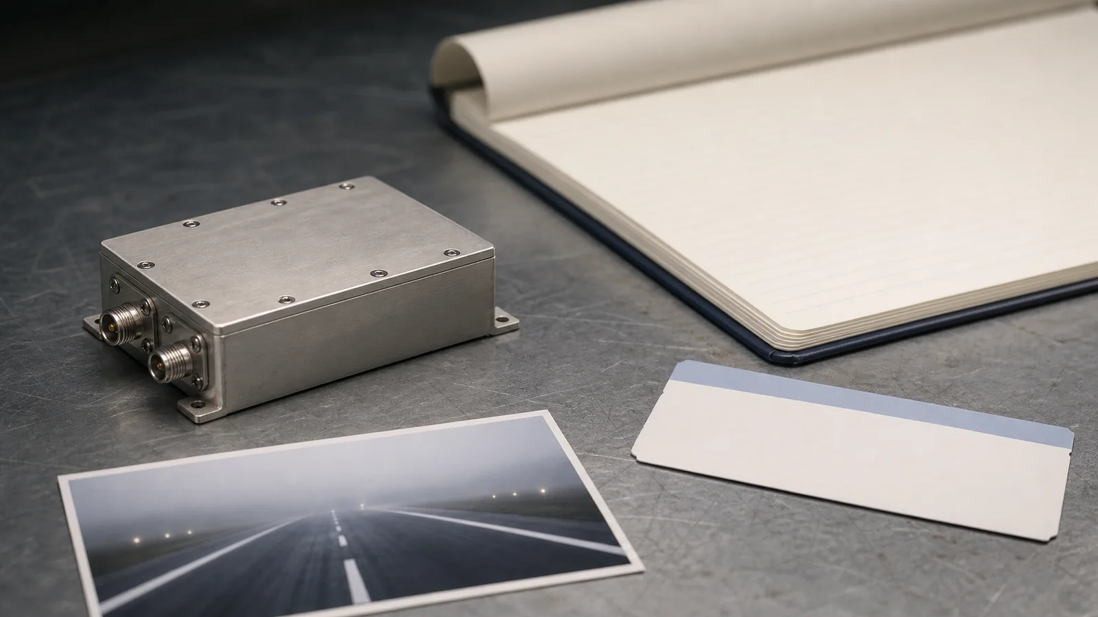 Maintenance checklist objects, a radio-frequency filter and blank boarding pass staged on a desk.