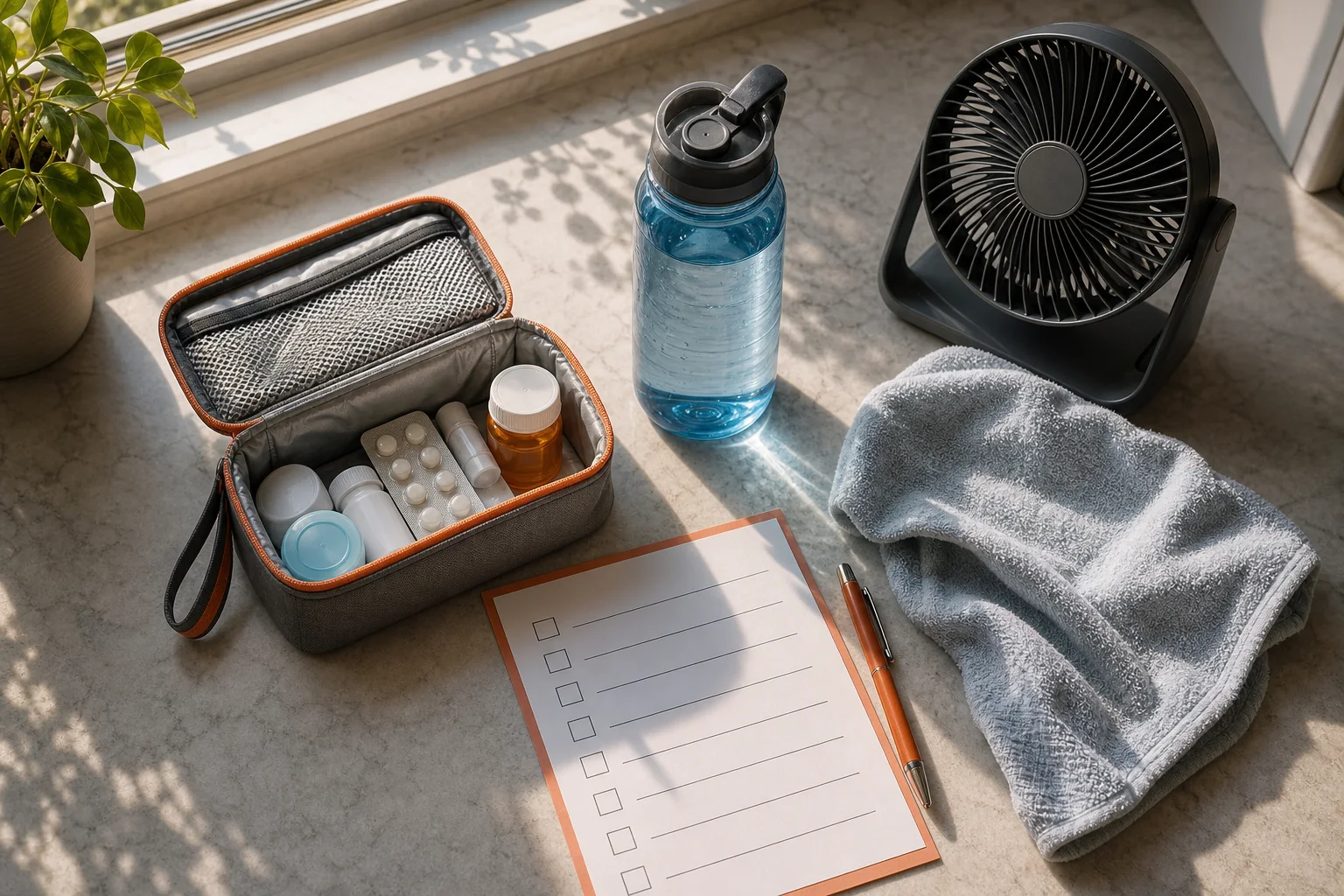 A water bottle, towel, small insulated pouch and switched-off fan arranged for heat-safety planning.