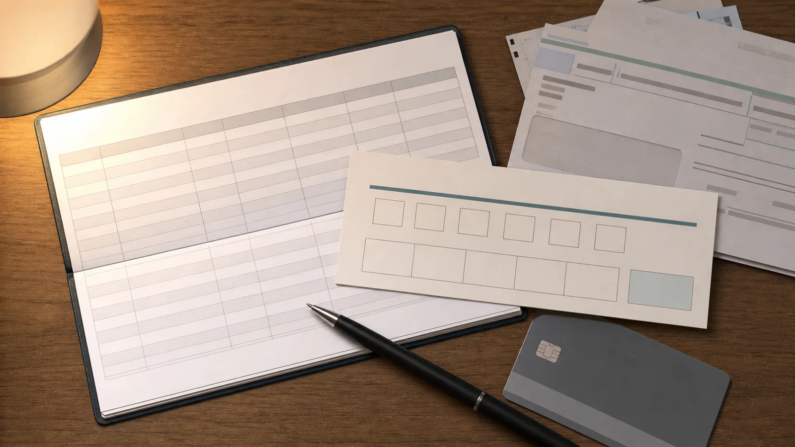 A checking register, due-date card and household bills staged for an autopay cash-flow check