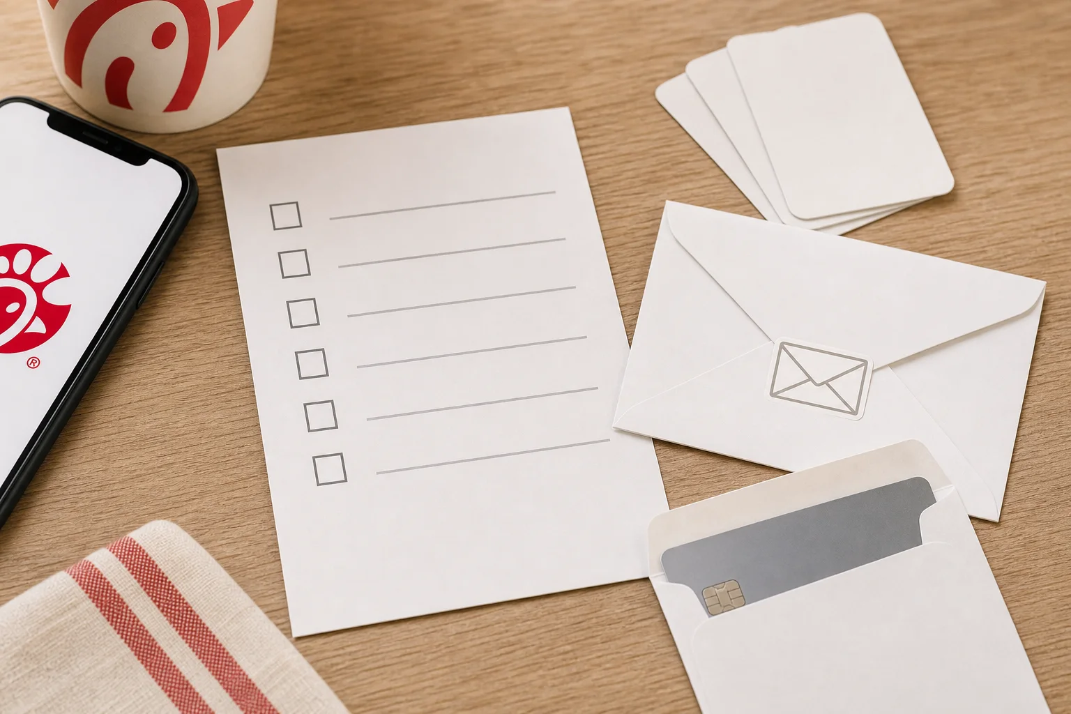 A Chick-fil-A account-security checklist with password and payment-card reminders