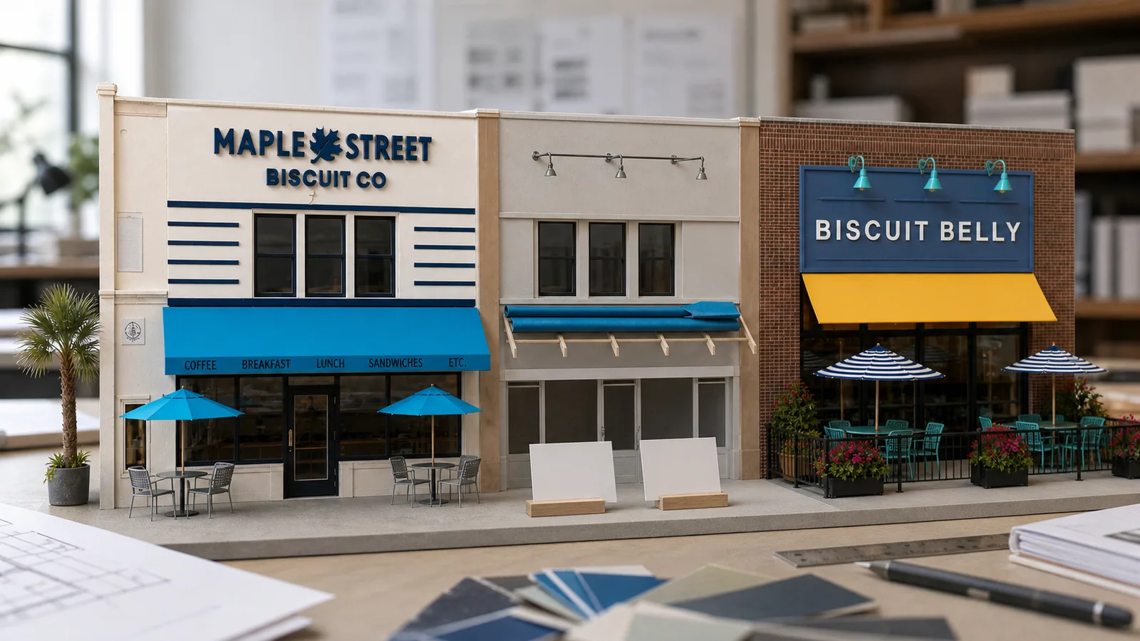 Storefront models show a phased change from Maple Street Biscuit Company branding to Biscuit Belly