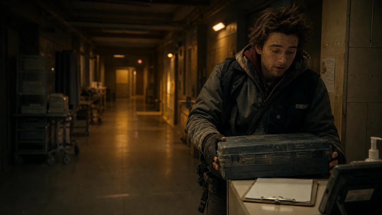 A medical courier's gloved hands secure a hard-shell delivery case beside a blank manifest in a dim service corridor.