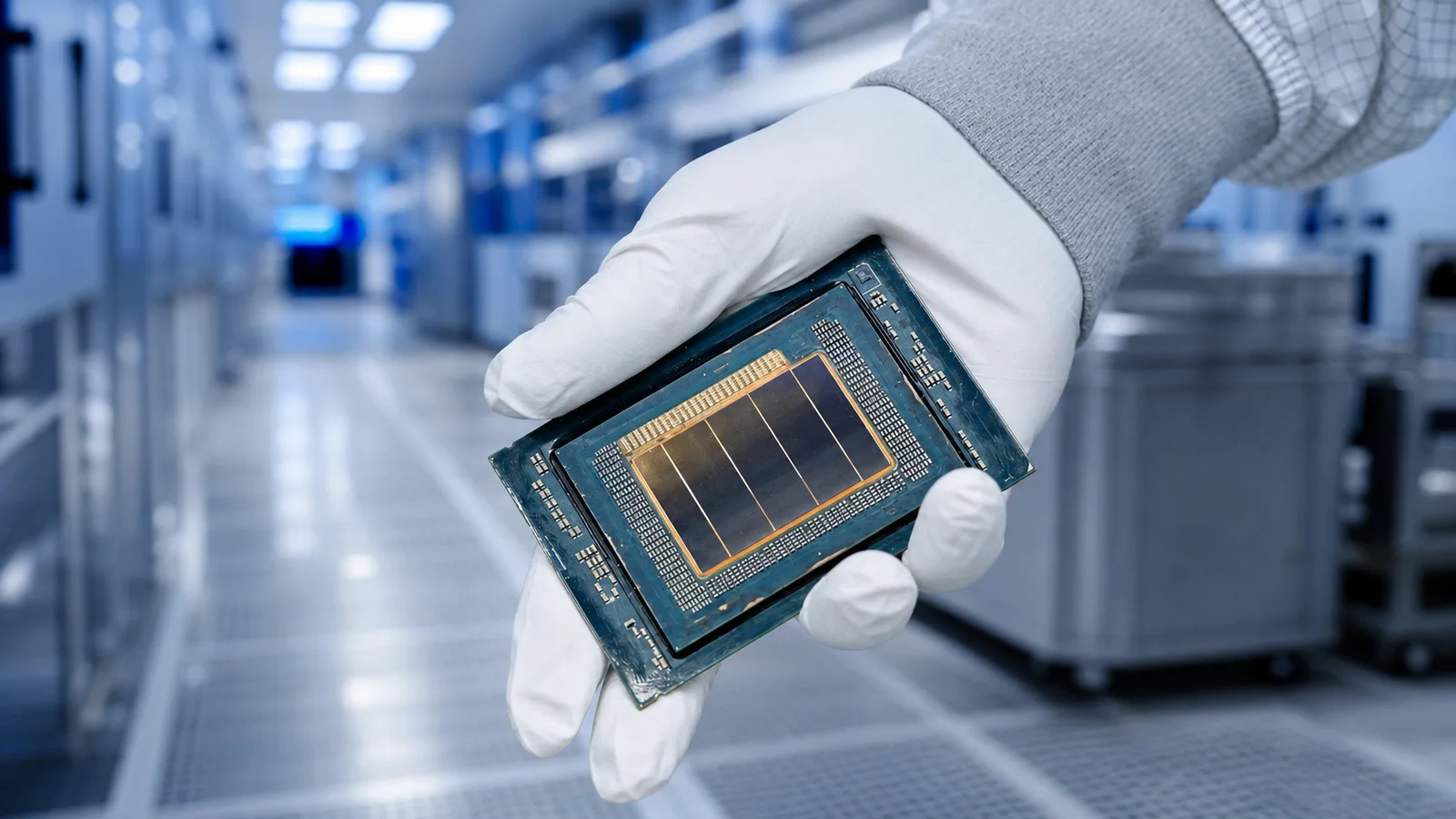 A gloved cleanroom worker holds an Intel Clearwater Forest server processor inside a semiconductor fabrication facility.