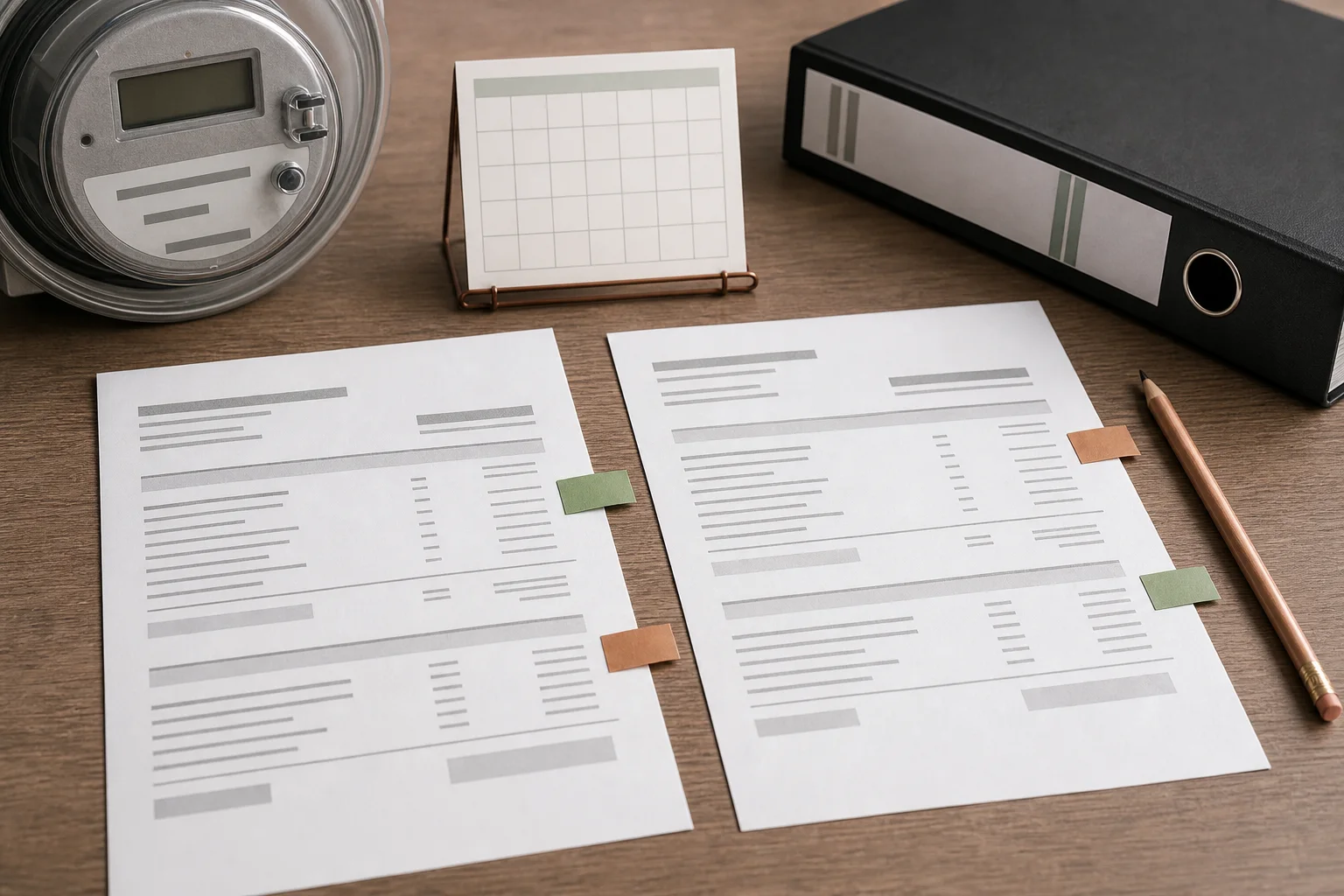 Two generic electric bills with tabs, a blank calendar card, a pencil and a utility-file binder on a tabletop.