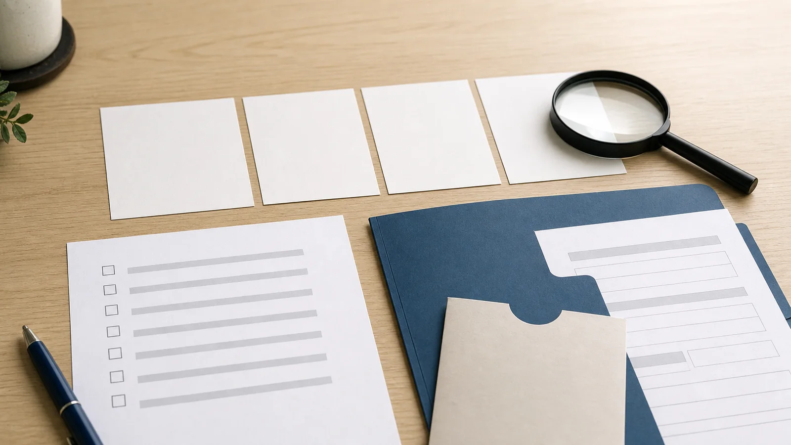Blank evidence cards, a checklist, magnifying glass and privacy folder arranged on a desk