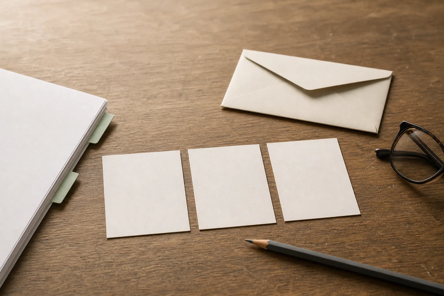 Three blank review cards beside an unsigned mortgage packet and pencil on a desk.