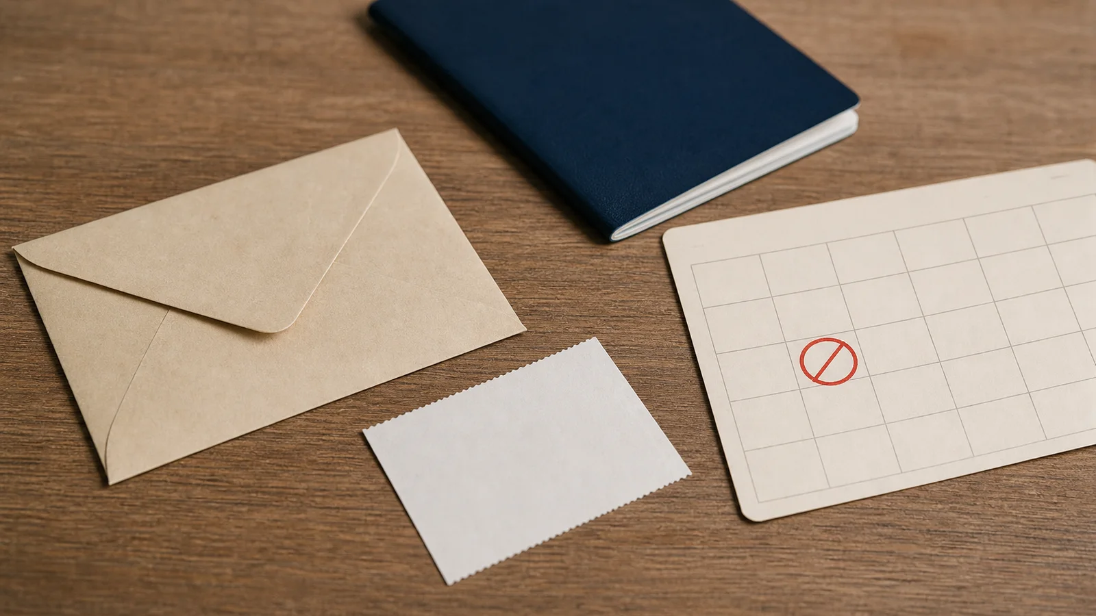 Blank appointment papers, a receipt shape and a passport-like booklet arranged around a crossed-out calendar slot.