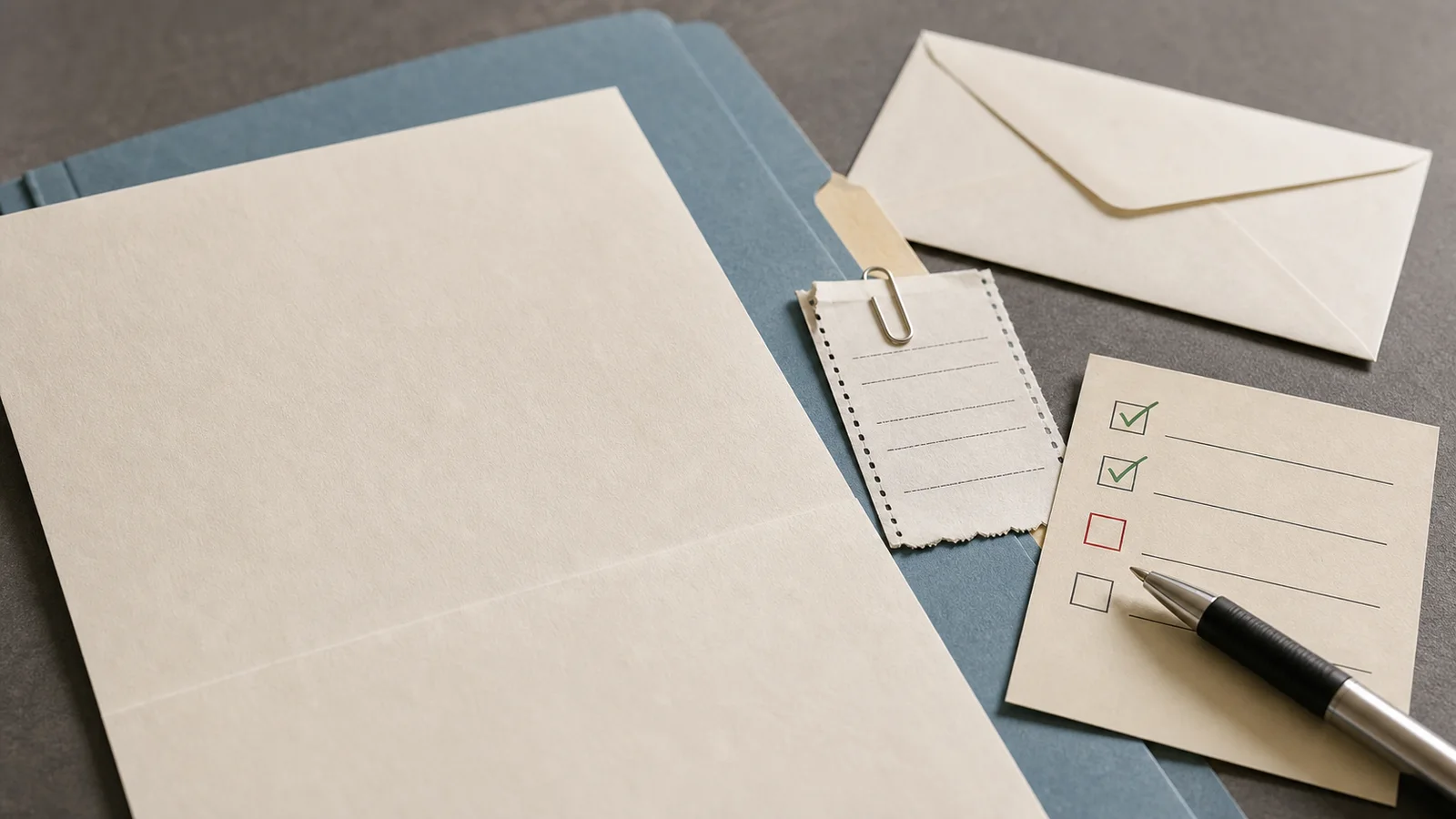 A blank tax notice, envelope, receipt, folder and checklist prepared for review on a desk.