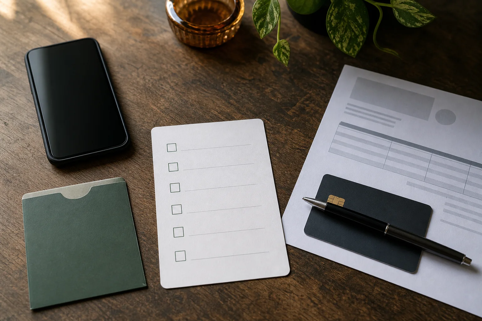 A pen blocks a payment card beside a face-down phone, blank checklist and generic bill.