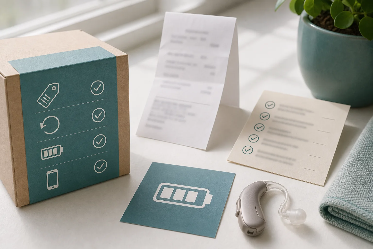 A non-branded hearing-aid box, return receipt, checklist card and battery card arranged for a label review.