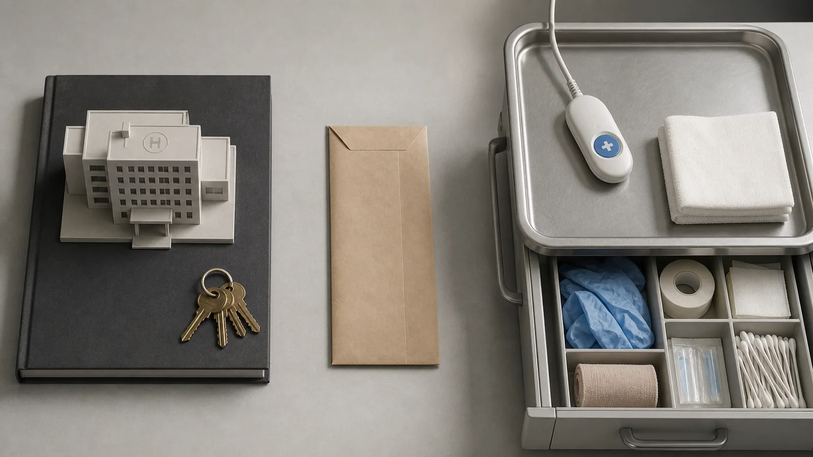 A model hospital and property keys separated from a sparse clinical supply tray by a sealed rent envelope.