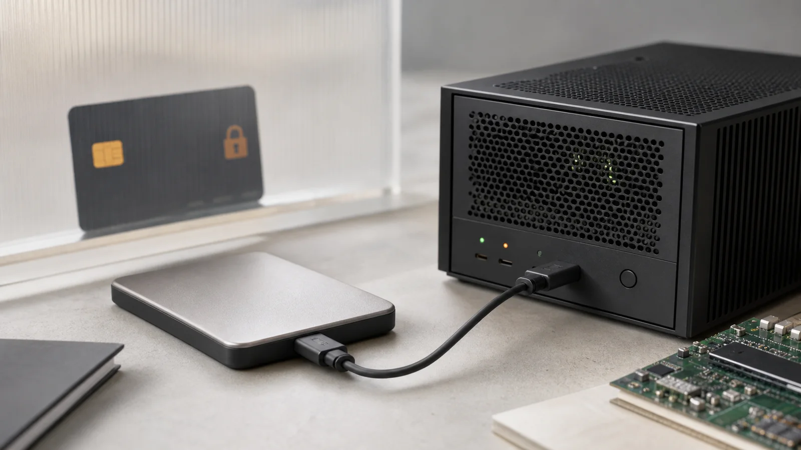 A portable drive connected to a small server box, with a separate access card behind a divider.