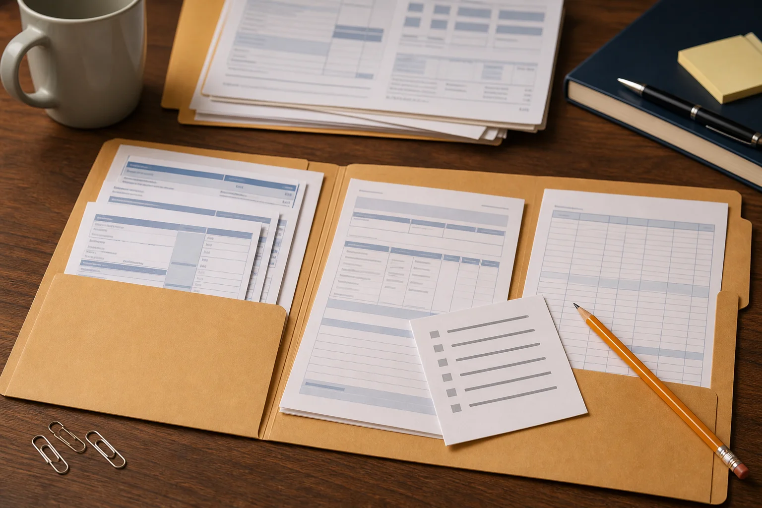 Payroll records, pay stubs and a blank checklist arranged for an overtime deduction paperwork review.