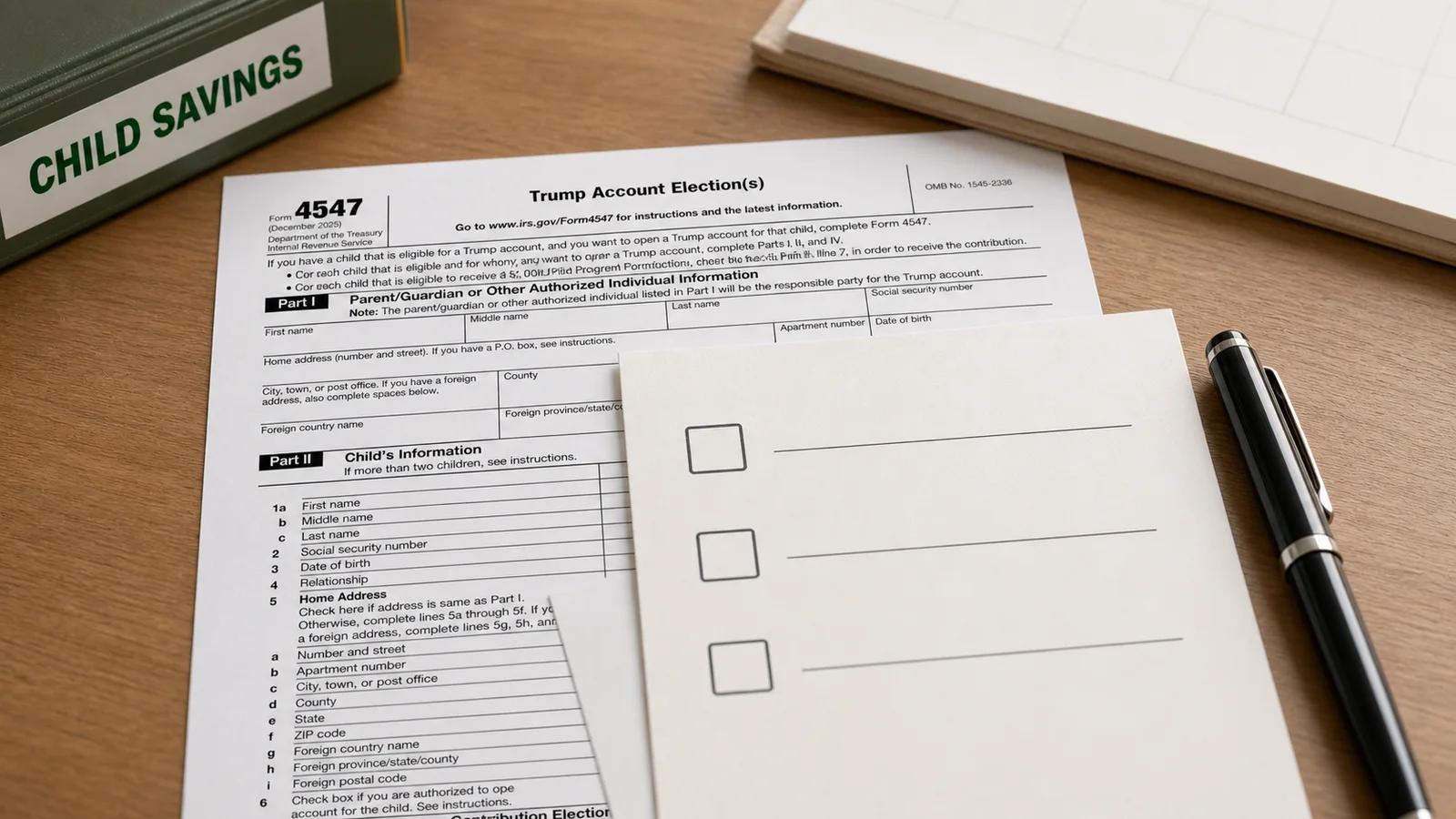 IRS Form 4547 beside a blank eligibility and status checklist for a Trump Account.
