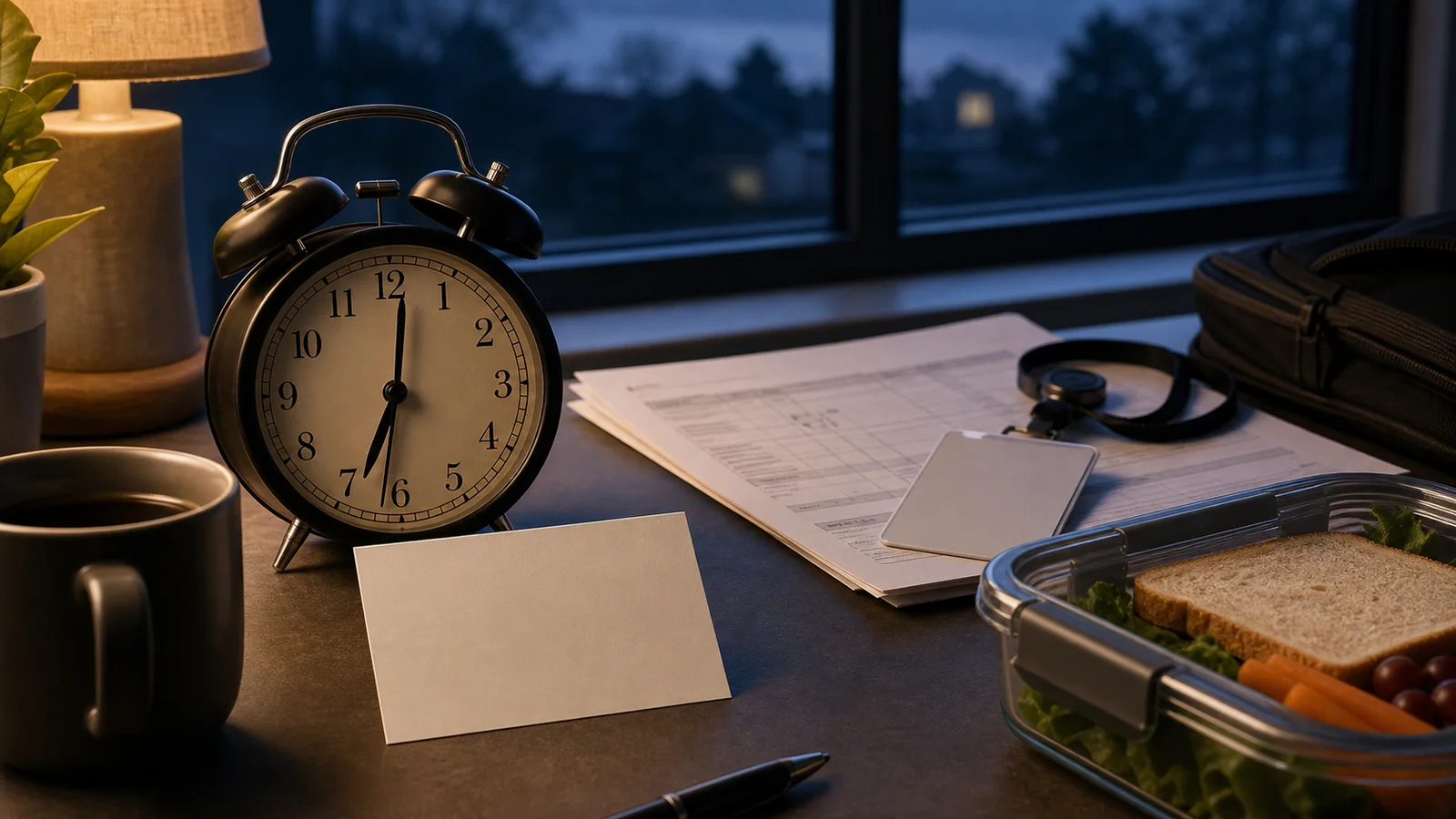 Alarm clock, lunch container, work badge and blank itinerary arranged beside a dark morning window.