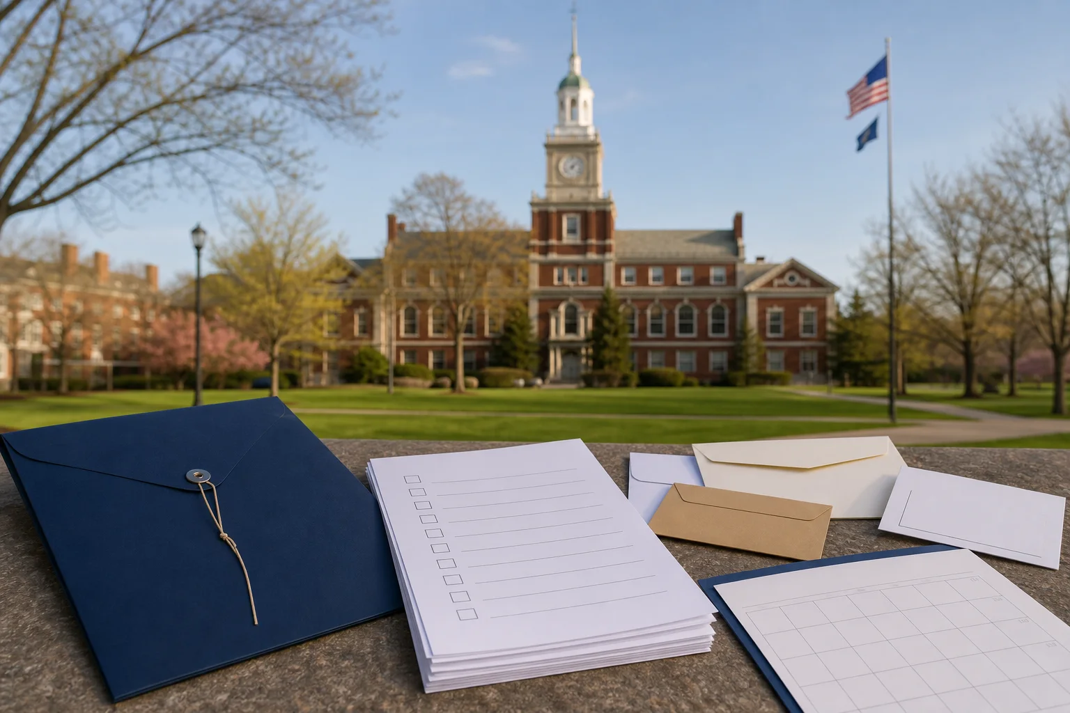 A folder, blank checklist pages and generic scholarship envelopes arranged with Howard University's campus in the background.