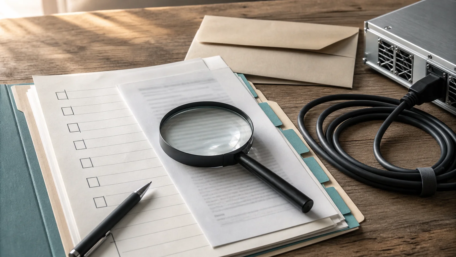 A magnifying glass over a blank utility-rate filing folder with a server component nearby, suggesting a review of cost-allocation terms.