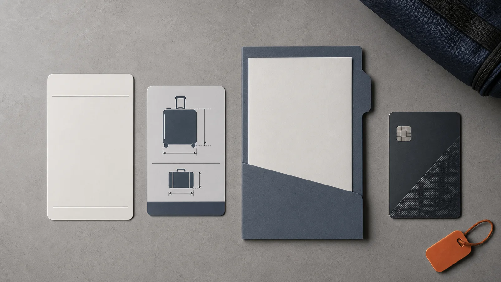 A blank fare card, baggage-size card, policy folder and payment card arranged as a pre-booking fee checklist.