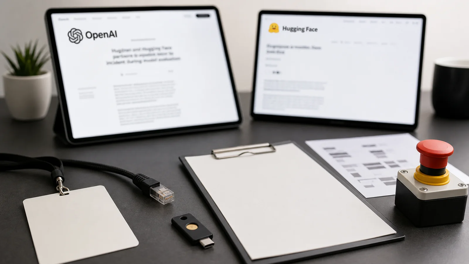 A desk setup with AI-agent access review objects beside recognizable OpenAI and Hugging Face incident pages.