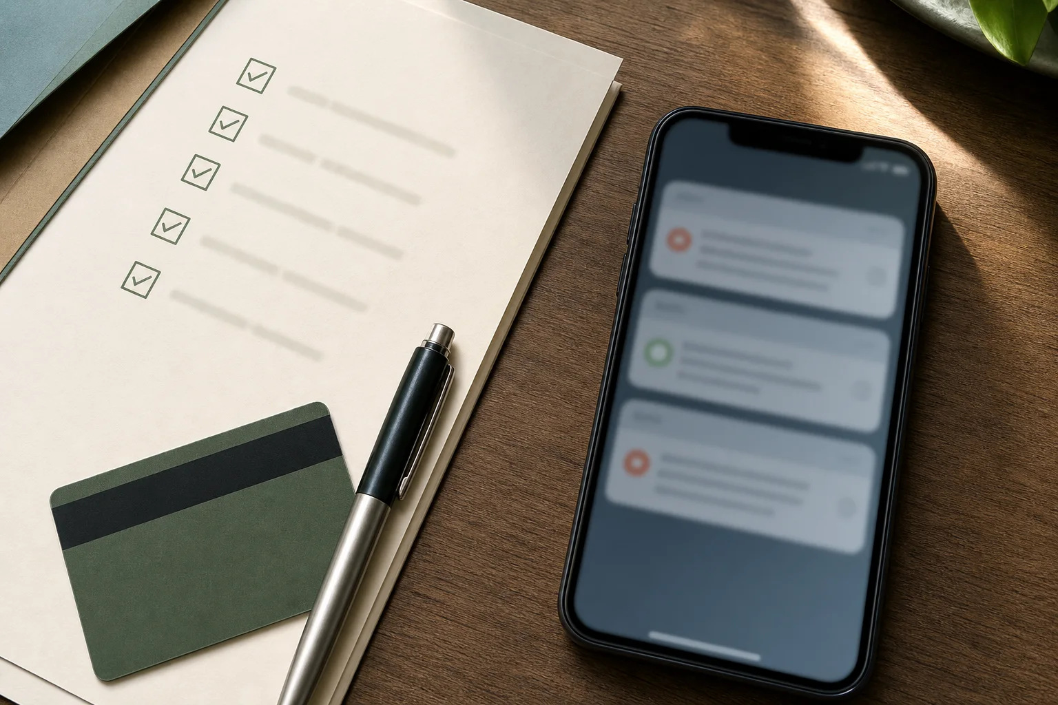 A phone with blurred alerts sits apart from a checklist, pen and face-down bank card.