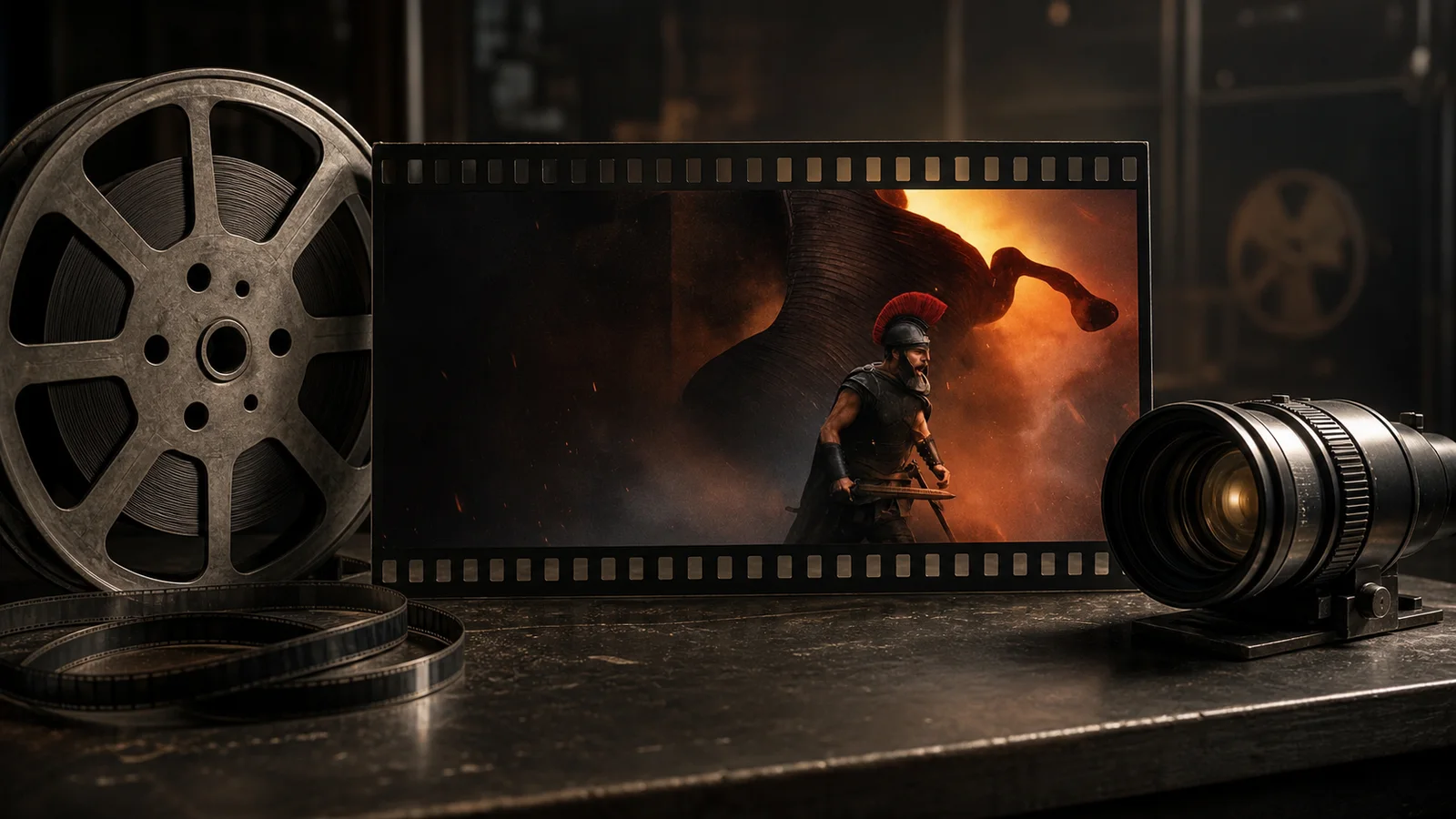 An editorial projection-booth still life pairs verified The Odyssey Trojan Horse imagery and Matt Damon as Odysseus with a large-format film reel and a digital cinema lens.
