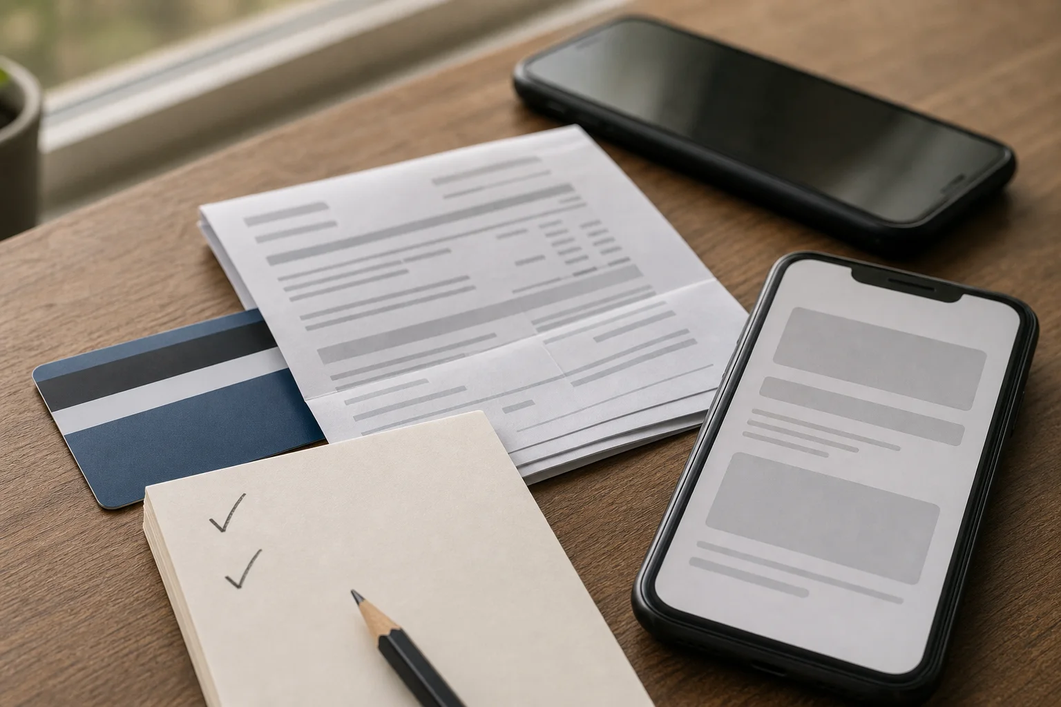 A verification checklist with an unbranded bank card, statement, phone, and blank notes on a table.