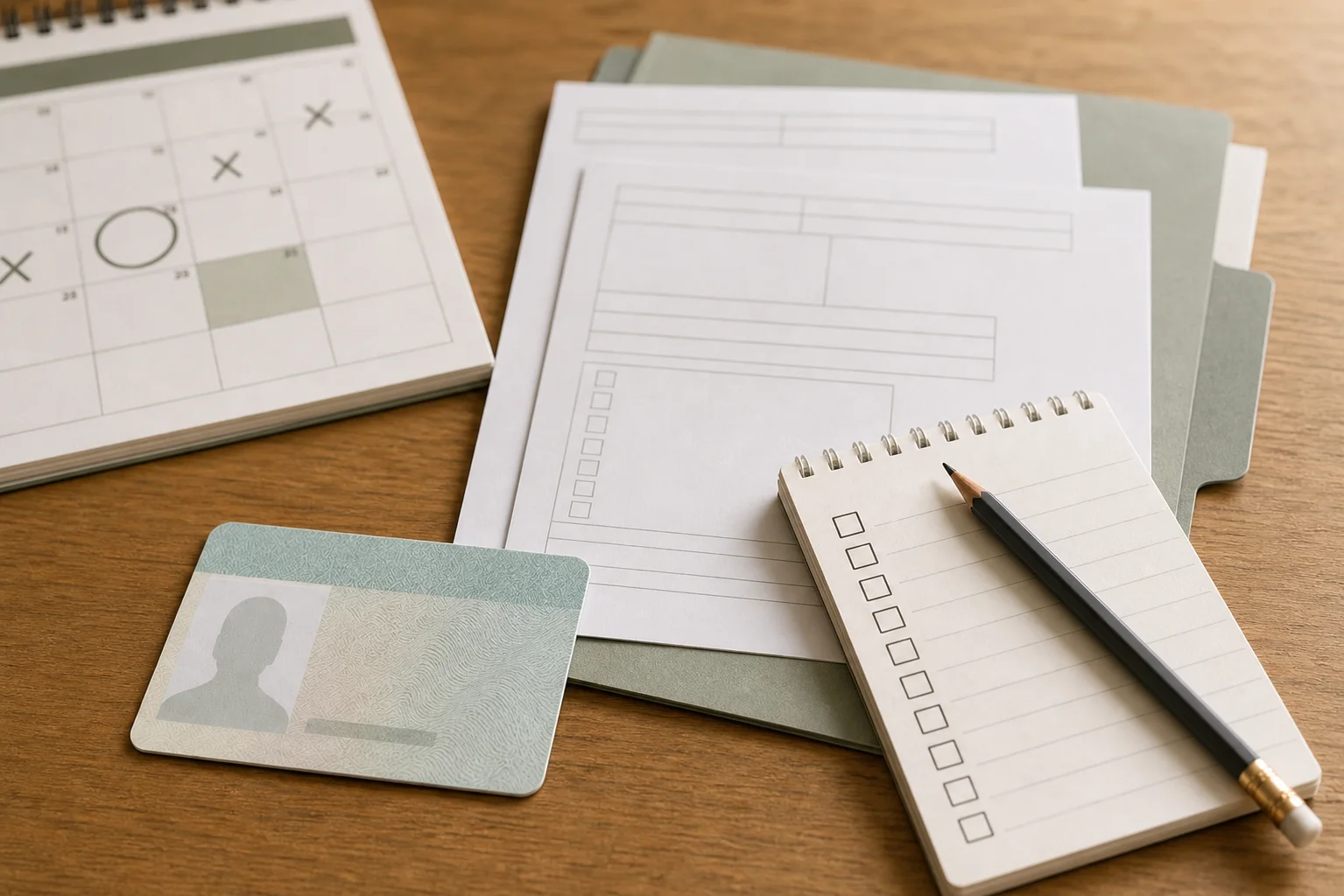 A close view of blank filing receipts, a card, a checklist and a calendar arranged for comparing document dates.