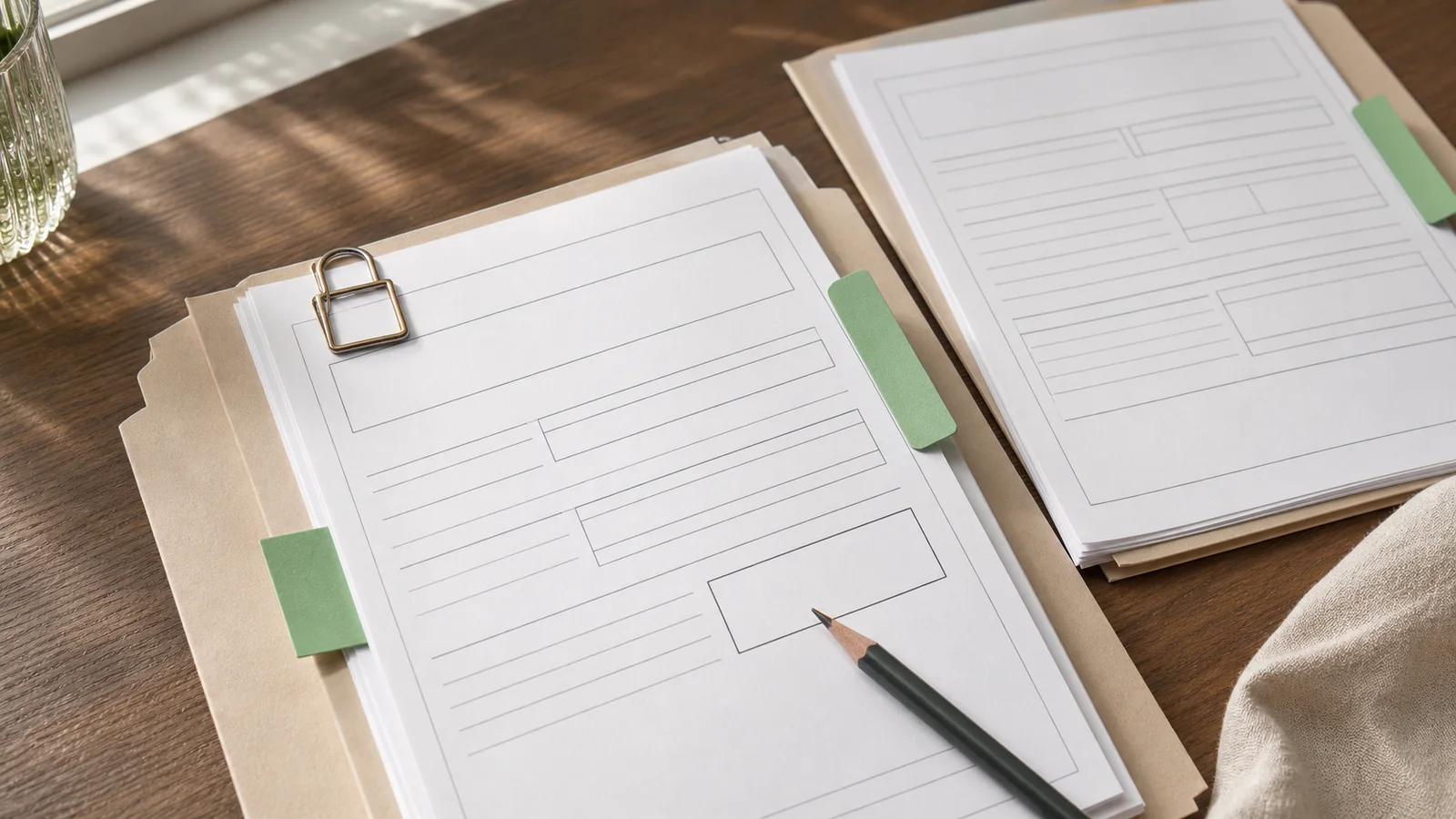 Blank mortgage papers, a lock-shaped paper clip and comparison folder arranged as a rate-lock checklist.