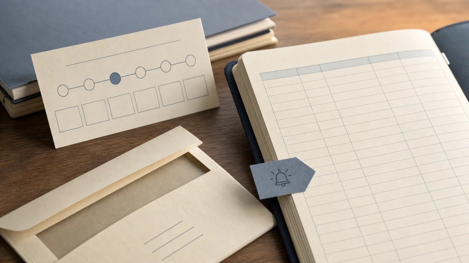 A blank bank ledger, payment card and reminder tab arranged to show autopay timing risk.